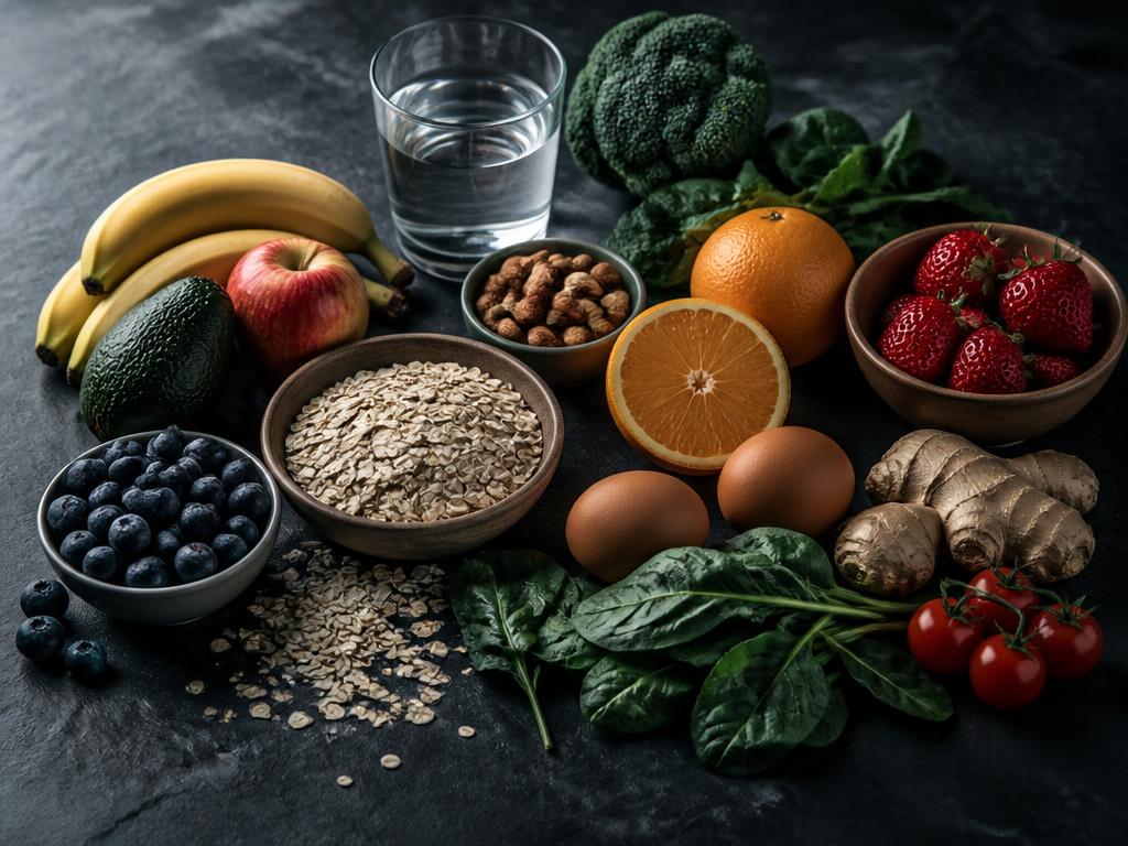 Whole foods arranged on a dark slate surface