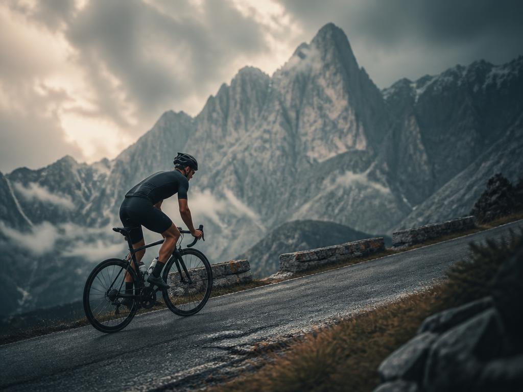 Road cyclist climbing an exposed mountain pass